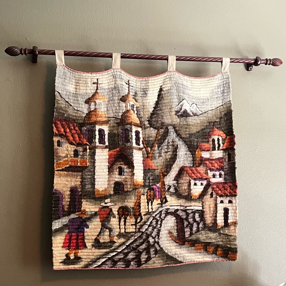 Handcrafted Art Tapestry Wall Hanging with Village Scene, 37 x 37”